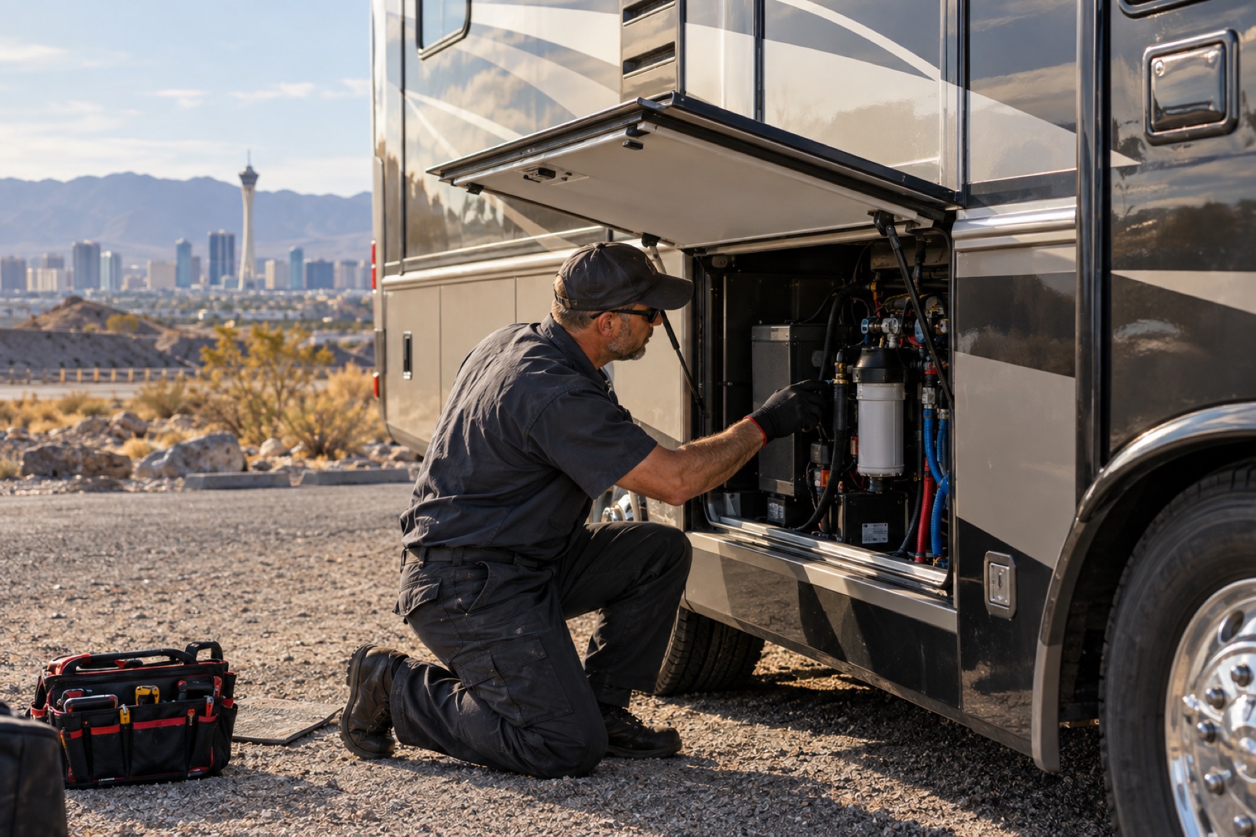 Mobile mechanic servicing an RV system