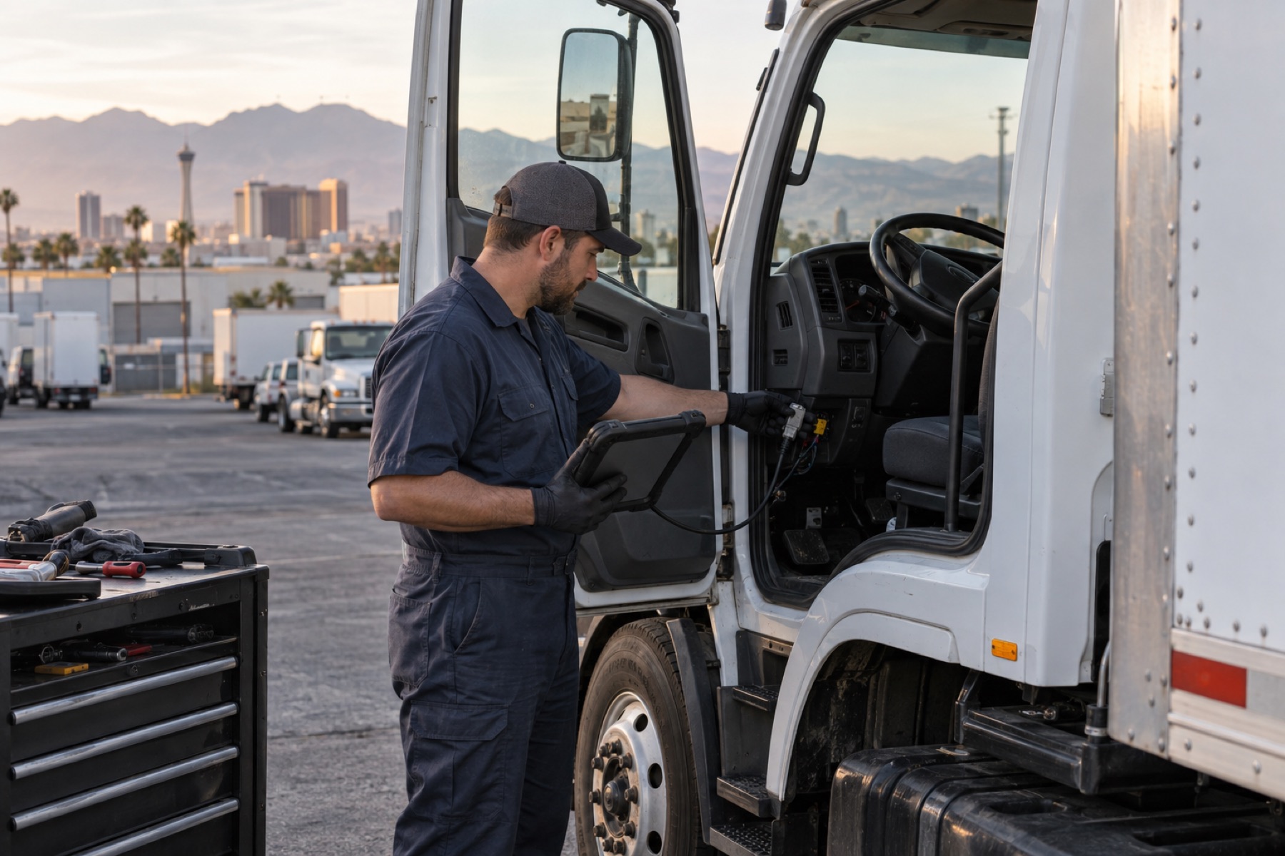 Mechanic running truck diagnostics